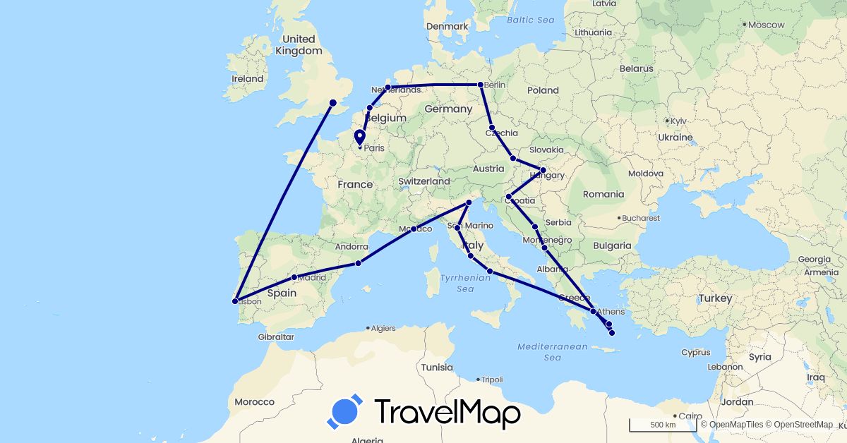 TravelMap itinerary: driving in Austria, Bosnia and Herzegovina, Belgium, Czech Republic, Germany, Spain, France, United Kingdom, Greece, Croatia, Hungary, Italy, Montenegro, Netherlands, Portugal (Europe)
